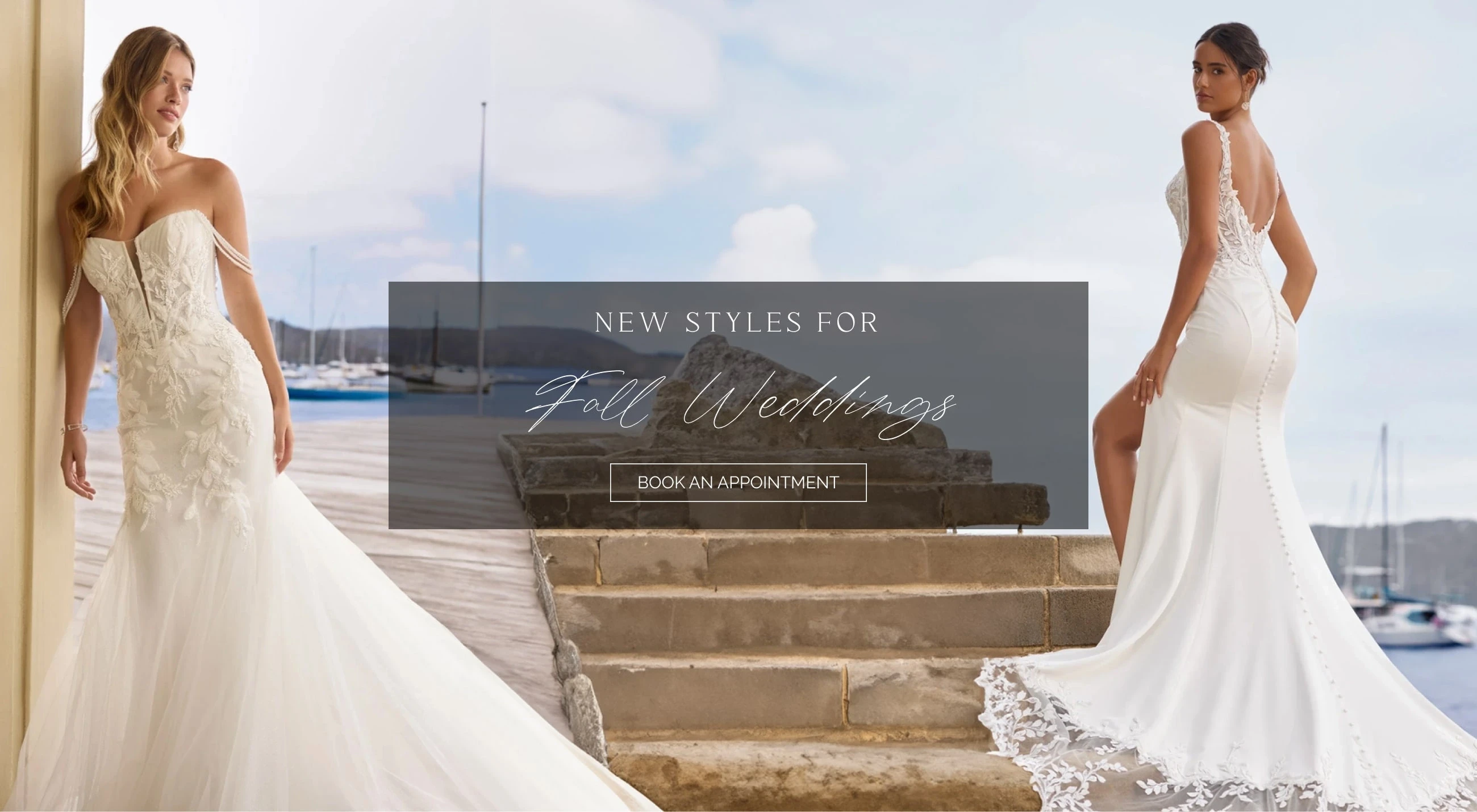Models wearing Y3203 and Y3208 bridal gowns, desktop banner