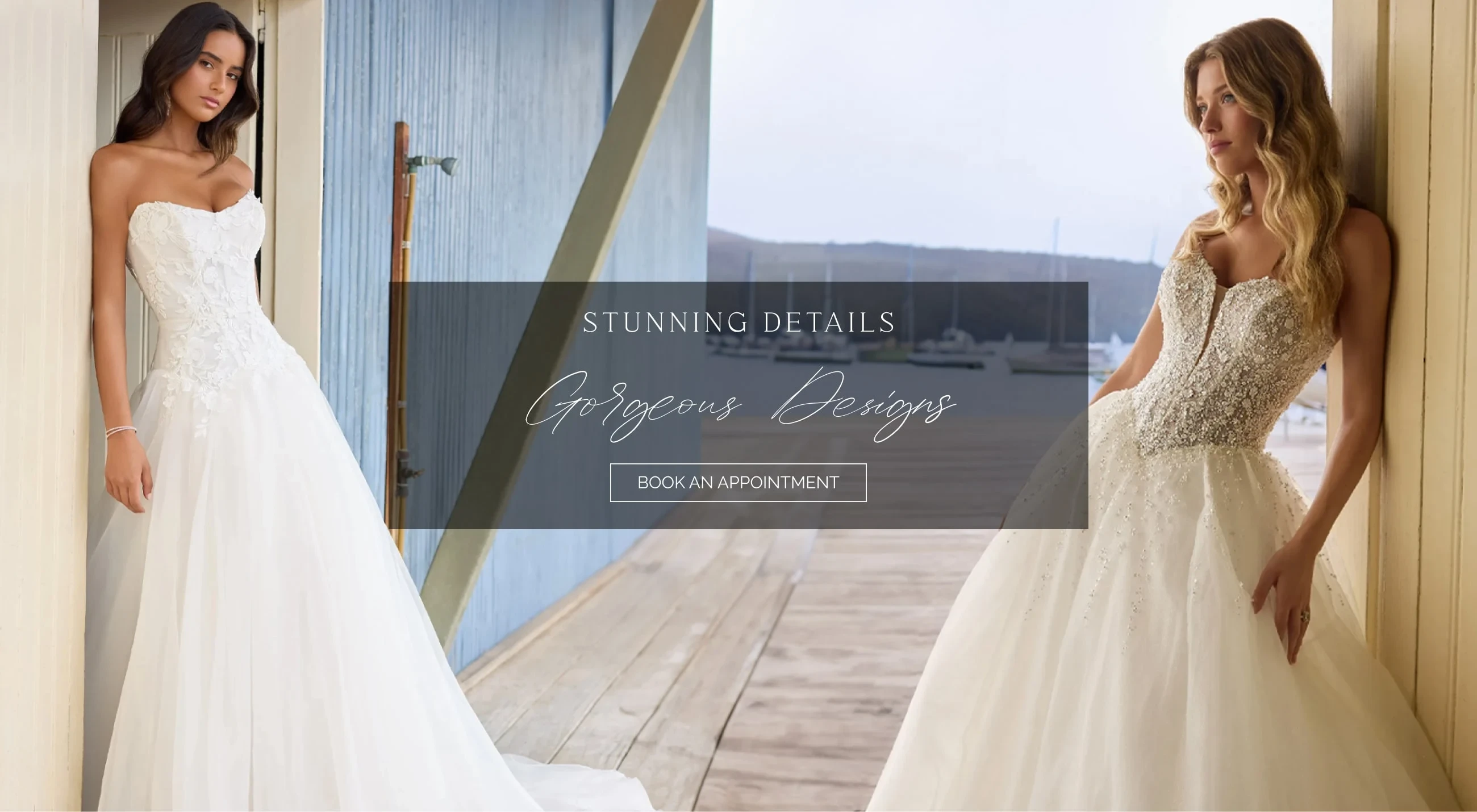 Models wearing Sophia Tolli Y3204 and Y3211 bridal gowns, desktop banner