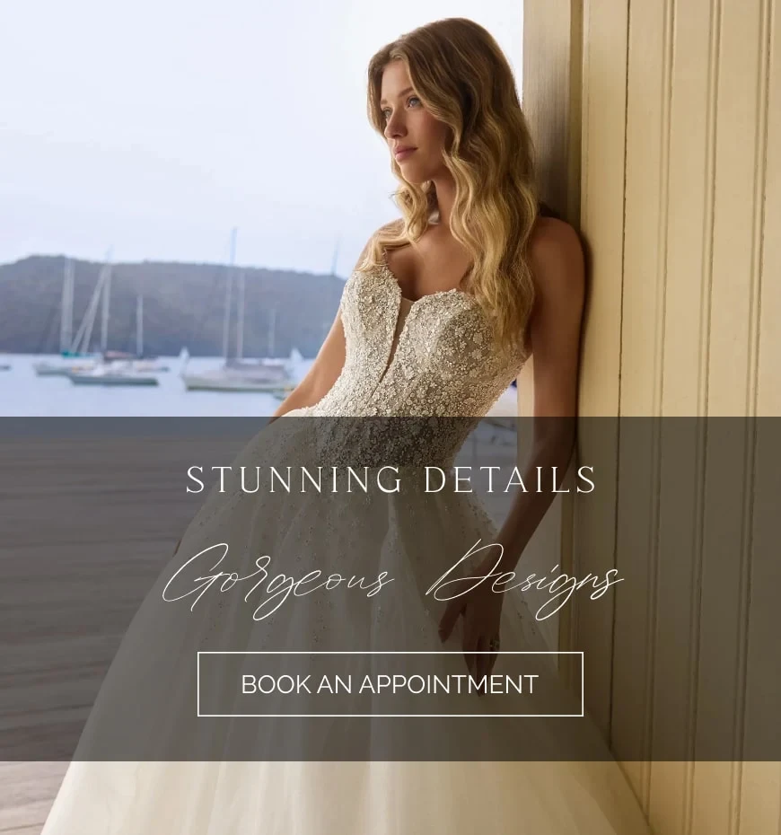 Model wearing Sophia Tolli Y3211 bridal gown, mobile banner