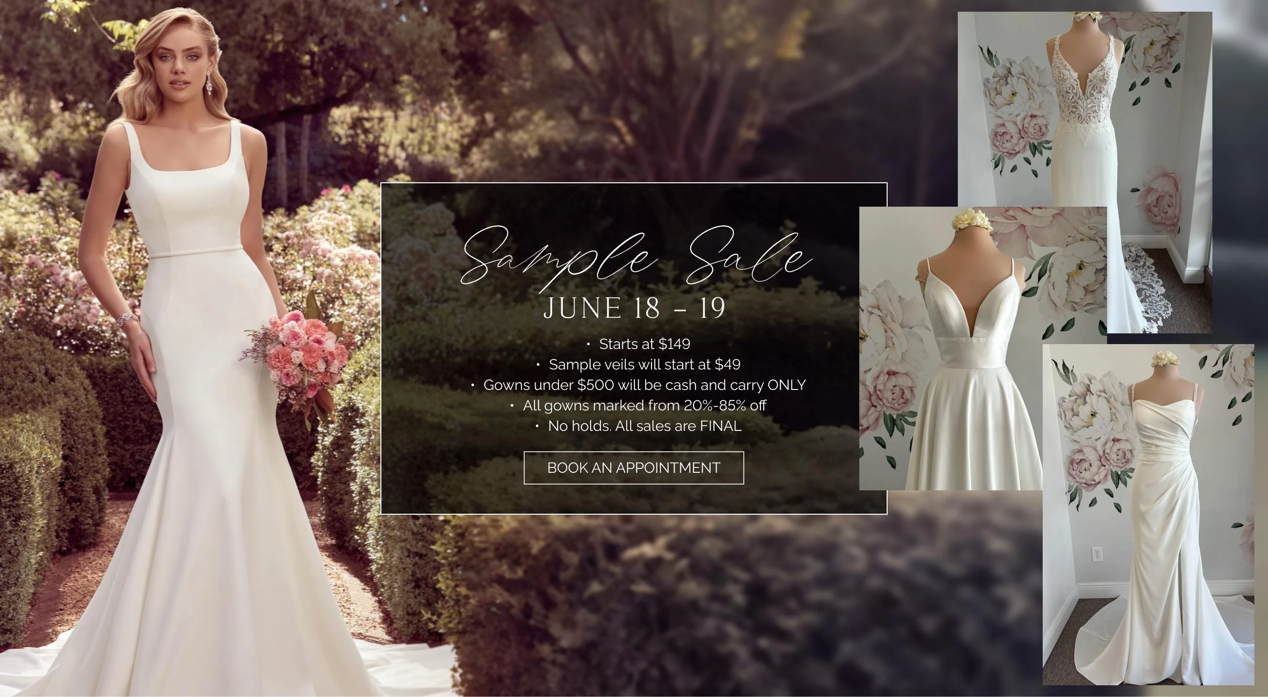 Model wearing bridal gown, Sample Sale desktop banner