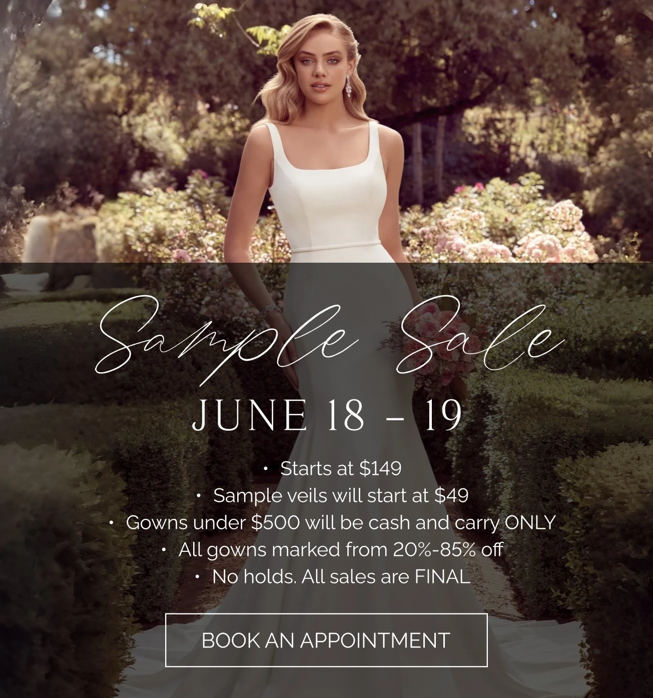 Model wearing bridal gown, sample Sale mobile banner